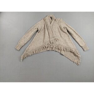 Design Lab Women Cardigan Sweaters M Beige Open Front Fringe Details Logo Casual